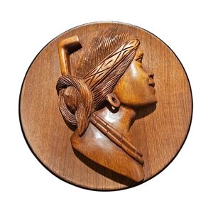 Vintage Mid-Century Hand Carved Teak Wood Tribal Folk Art Wall Plaque